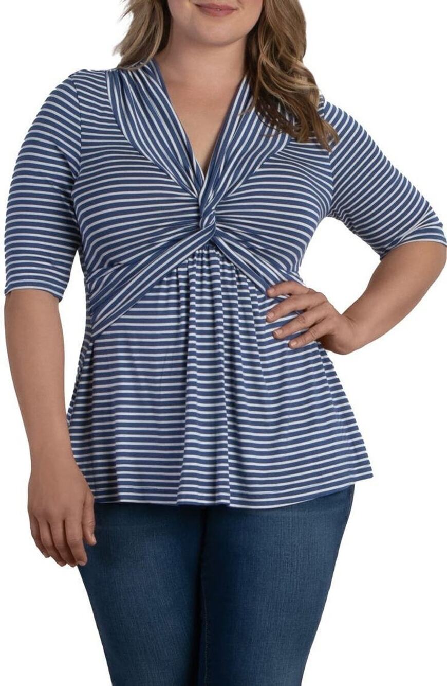 Kiyonna Striped Top 1X Ashton Twist Style Feminine Patriotic USA Stretch Blue